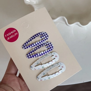 Cute girls' 4-pack waterdrop BB hair clips with purple checkered and starry bow patterns