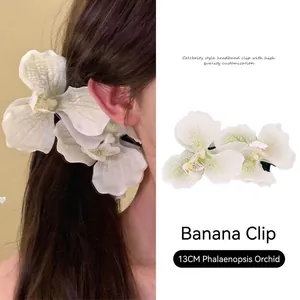 Pince à Cheveux Fleur d'Orchidée Blanche Grande Pince à Cheveux Phalaenopsis Pince Banane pour Femmes Style Vacances Tissu Fait Main