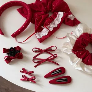 Accessoires Cheveux Rouges à Pois Blancs pour Femmes Nœud en Satin Polyester Pinces à Cheveux Chouchous Serre-tête Style Rétro Doux