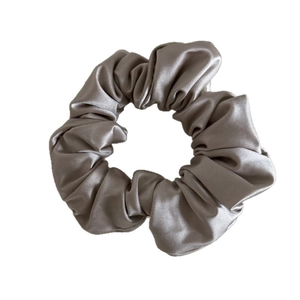 Silky satin pleated hair scrunchie in taupe with elastic band for women ponytails