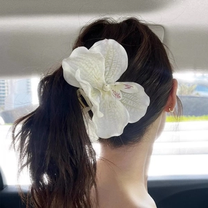 Élégante grande pince à cheveux orchidée blanche portée par un mannequin sous lumière