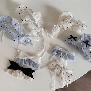 Sweet Polka Dot Lace Bow Hair Clip French Vintage Claw Clip Faux Artificial Pearl Elegant Lolita Hair Accessories For Women Girls