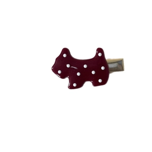 Cherry red polka dot dog-shaped hair clip with silver metal alligator grip for women