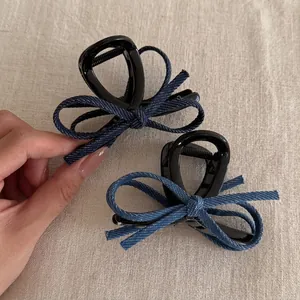 Retro Denim Bowknot Hair Claw Clip For Women High End Feeling Denim Fabric Shark Clip Fashion Hair Styling Accessories