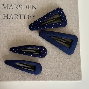 Vintage Navy Blue Polka Dot Hair Clip Denim Fabric Wrapped Snap Clip Fashion Retro Side Hairpin For Women Hair Accessory