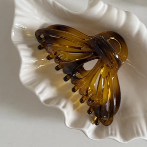 Dettaglio di un fermaglio per capelli ambra a tartaruga in un piatto decorativo a conchiglia