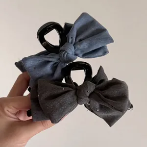 Women Large Denim Bow Hair Claw Clip Sweet Cool Style Shark Clip Handmade Glitter Fabric Hairpin Elegant Hair Accessory For Daily