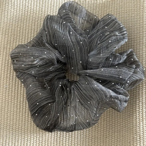 Silver starry organza scrunchie with sparkling rhinestones and vertical stripes