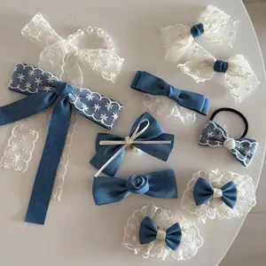 Zoete Denim Blauwe Strik Haarclip Kant Bloemenrand Eendenbek Clip Voor Dames Meisjes Haaraccessoires Handgemaakte Haarspeld