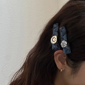 Vintage Denim Fabric Hair Clips For Women Alloy Camellia Smiley Face Rhinestone Artificial Pearl Barrettes Hair Accessories