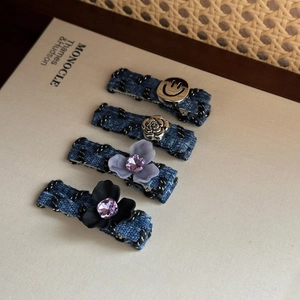 Set of 4 vintage denim hair clips with silver smiley and floral crystal accents