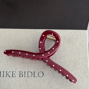 French vintage dark red large hair claw clip with white polka dots and golden spring
