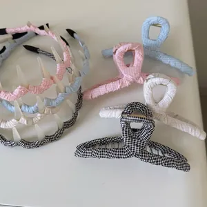 Pinces à cheveux et serre-têtes en tissu à carreaux vichy bleus et roses pour femmes