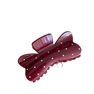 French vintage style large burgundy claw clip with white polka dots for women