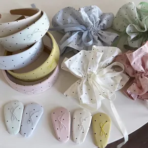 Sweet Korean Style Polka Dot Hair Accessories Set Embroidery Bow Fabric Headband Scrunchies Hair Clips For Women Girls Decor