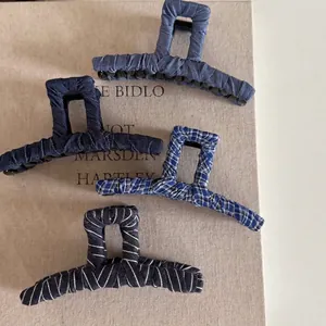 Vintage Fabric Wrapped Hair Claw Clips Denim Plaid Striped Square Hair Clamps Fashion Large Shark Clip For Women Hair Styling