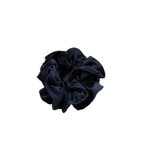 Solid deep blue denim scrunchie for high ponytail with double-layer fabric design