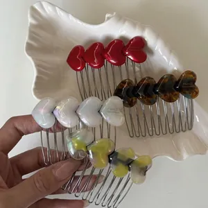 French Vintage Acetate Heart Hair Comb For Women Handmade Alloy Insert Comb Anti-Slip Sweet Bangs Clip Hair Accessory