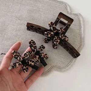 French leopard print flower hair claw and clip set with brown translucent base