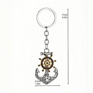 Hip-hop nautical titanium steel keychain with anchor and helm charm measures 4.3 inches