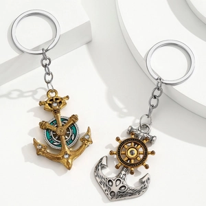 Retro Nautical Metal Keychain With Ship Anchor And Steering Wheel Charm Alloy Rhinestone Key Ring Men Women Jewelry Gift
