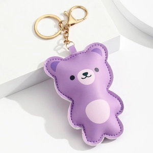 Porte-clés ours mignon en similicuir violet avec fermoir en métal doré brillant