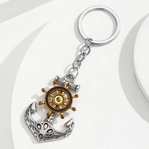Retro nautical keychain with vintage alloy anchor and golden rotating ship wheel charm