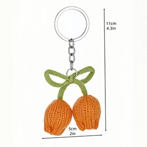 Handmade knitted orange tulip flower keychain accessory for bags with metal ring and dimensions