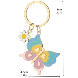 Porte-clés papillon en émail bleu et tournesol en alliage doré avec dimensions