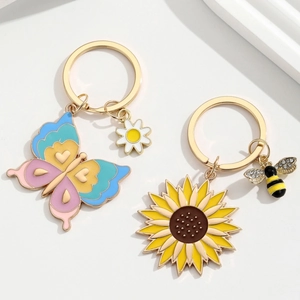 Porte-clés papillon et tournesol colorés avec breloques marguerite et abeille en métal doré