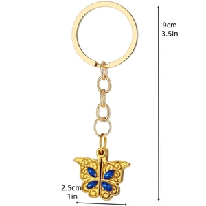 Porte-clés cœur papillon doré avec cristaux bleus et pendentif gravé I Love You charms