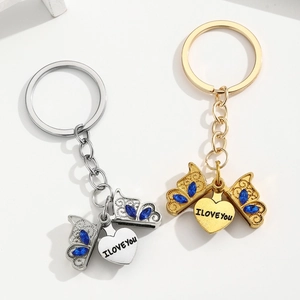 Porte-Clés Cœur Ouvert Papillon Strass Pendentif I Love You Alliage Métallique Anneau Clé Accessoires Mode Femme Cadeau