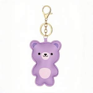 Porte-clés mignon ours en cuir PU violet avec anneau en métal doré et fermoir mousqueton
