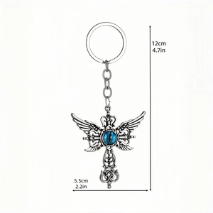 Porte-clés croix ailes de démon gothique argenté avec œil bleu, hauteur 12cm
