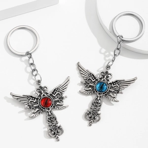 Porte-clés croix œil du diable avec ailes en alliage vintage rouge et bleu foncé