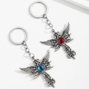 Porte-clés Gothique Croix Ailée Oeil Maléfique En Alliage Argent Vintage Style Punk Pour Décoration De Sacs Et Accessoires