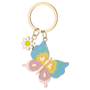Porte-clés papillon en alliage doré avec émail coloré et pendentif marguerite