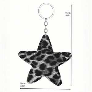 Leopard print star keychain charm with silver ring, size 15cm height by 10cm width