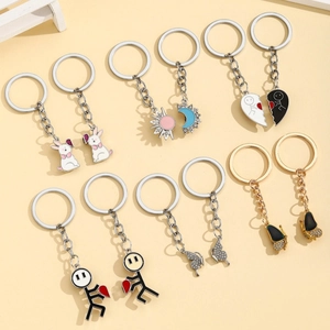 Creative Magnetic Couple Stickman Heart Keychain Alloy Enamel Sun Moon Butterfly Rabbit Bag Pendant Friend Gift Keyring