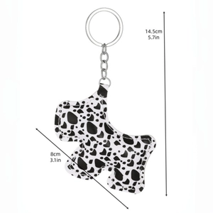 Porte-clés en similicuir à motif vache forme Terrier avec dimensions détaillées de 14,5cm