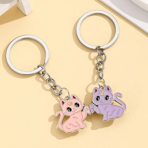 Porte-clés chat mignon avec couronne en émail rose et violet pour couples et amis