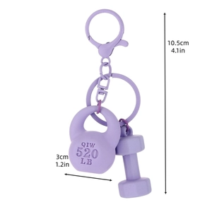 Purple kettlebell and dumbbell keychain set for fitness lovers with spring hook