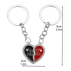 Splittable heart keychain set with red and black crystals for best friends gift