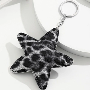 Detail of star-shaped keychain with grey leopard faux fur and silver metal ring