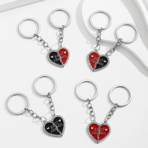 Matching heart-shaped rhinestone keychain set for best friends with letter engraving