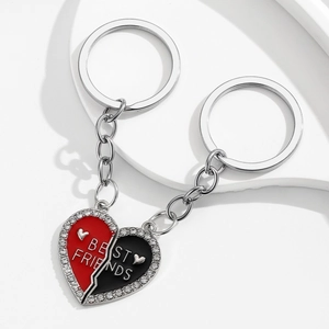 Sparkling crystal heart-shaped split keychain set for best friends with red and black enamel