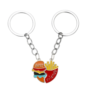 Porte-clés magnétique en forme de cœur avec design burger et frites pour meilleurs amis