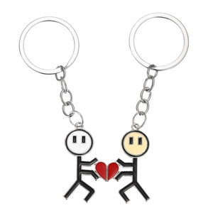 Minimalist matchstick couple heart keychain with metal chain for friends and lovers