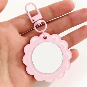 Pink sunflower handheld makeup mirror keychain with portable snap hook for women