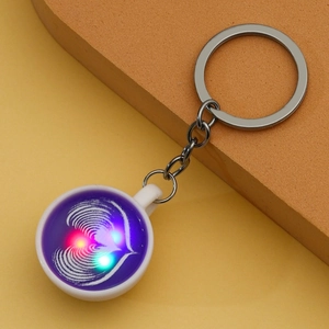 Luminous coffee latte art keychain with three-color LED light and metal chain link